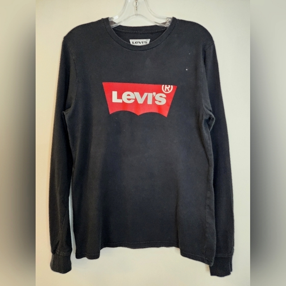 Levi's Men's Midnight Black Long Sleeve Shirt Brand In Red Logo Tee, sz MD